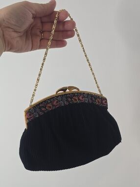 Vintage Black Beaded Floral Trim Evening Bag - Unbranded